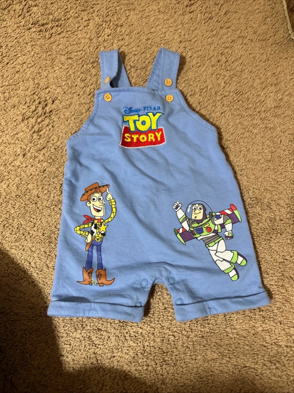 Disney Pixar Toy Story Woody Buzz Lightyear Baby Romper Outfit Blue 12M Shorts